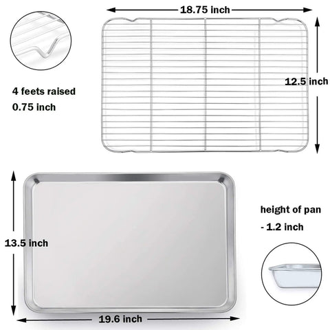 Diagram of stainless steel baking sheet set with rack for oven and dishwasher safe 19.6 inch two pans and two racks.