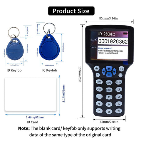 Multi Frequency RFID Reader Writer Kit With Free Software And USB For Easy Access Control And Home Security Reads And Writes HID And Other Cards Your Go To RFID Copier For Smart Cards And Gate Access That Just Works dimensions and components including ID keyfobs and card.