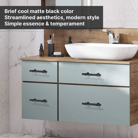 Bathroom vanity with Matte Black Cabinet Pulls 15 Pack, 3 Inch Center to Center, 5 Inch Overall Length, stainless steel handles