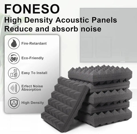 Twelve Pack High Density Pyramid Acoustic Foam Wall Panels With Strong Self Adhesive Backing Sound Proof Tile Blocks Chatter Zero Echo Tight Home Recording Setup shown stacked with textured surface.