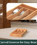 Compact Bamboo Kitchen Drawer Organizer Grooved Slots Keep Silverware Utensils Flatware with curved grooved design for easy access.
