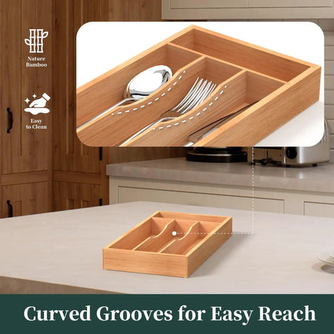 Compact Bamboo Kitchen Drawer Organizer Grooved Slots Keep Silverware Utensils Flatware with curved grooved design for easy access.