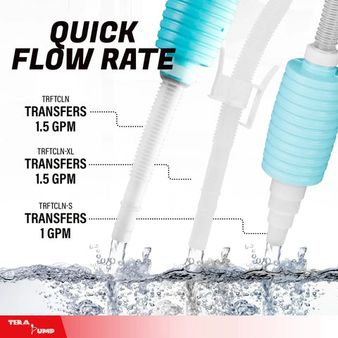 Three-In-One Aquarium Siphon Pump Bundle With Gravel Vacuum, Manual Water Changer, And Long Hose display with flow rates