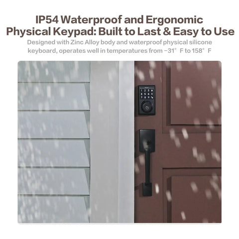 4 In 1 Smart Door Lock With App Control And Fingerprint, Keypad Deadbolt And Backup Key on door in outdoor setting