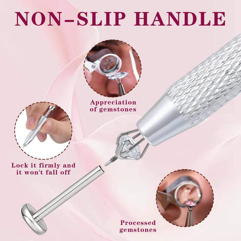 Close-up of Ball Grabber Piercing Tool Kit for Jewelry in 14G to 20G stainless steel with non-slip handle and gemstones