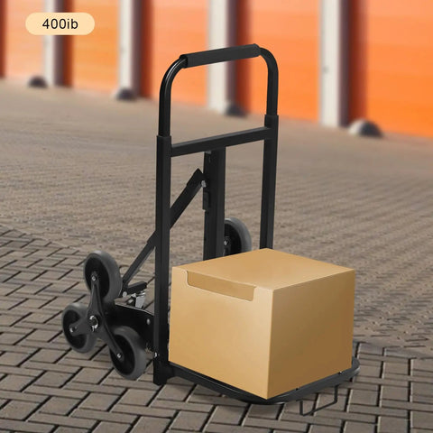 Heavy Duty Stair Climbing Dolly With Ten Wheels For No Sweat Moving, 551 Pound Flat Ground Weight Limit, Foldable Steel Cargo Cart handling a cardboard box.