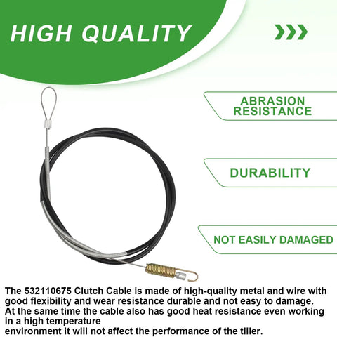 Clutch Cable For 17 Inch Rear Tine Tillers Replaces 532110675, durable metal wire, abrasion resistance features displayed.