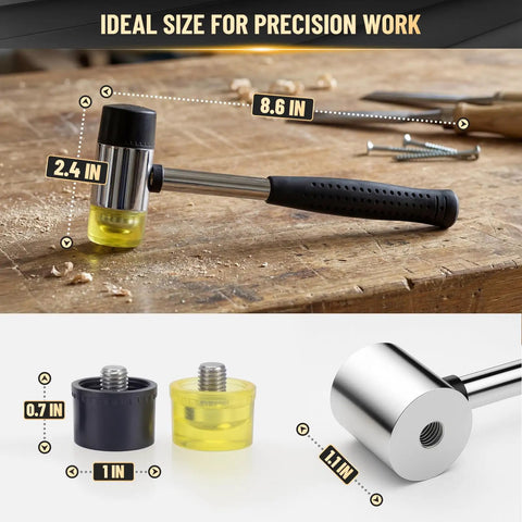 25mm Double-Faced Rubber Mallet Hammer with soft non-marring heads, lightweight, shockproof with non-slip grip on workbench.