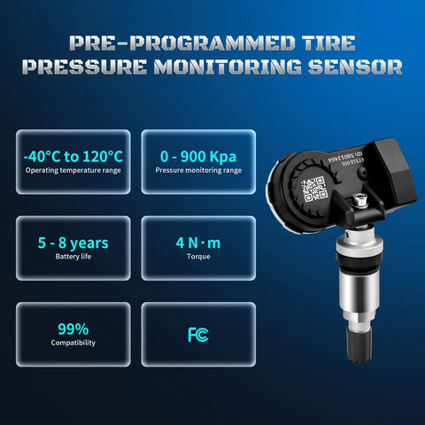 Heavy Duty TPMS Tire Pressure Sensor Replacement Direct Fit For 433 MHz Systems showing sensor details and specifications.