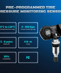 Pre-programmed No Hassle Quick Swap Direct Drop In Tpms Tire Pressure Monitoring Sensor with specifications on a blue background.