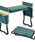 Foldable Garden Kneeler And Seat With 8 Inch Wide EVA Foam Pad, Heavy Duty Garden Stool With Two Big Tool Pouches shown open and folded