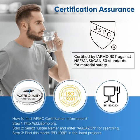 Man drinking water with 5 Micron Well Water Whole House Pleated Sediment Filter certifications and assurance labels.