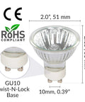 25W NP5 Candle Warmer Replacement Light Bulb 4 Pack For Wax Melt Tart Burners Halogen GU10 120V Dimmable, dimensions, ROHS compliant