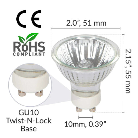 25W NP5 Candle Warmer Replacement Light Bulb 4 Pack For Wax Melt Tart Burners Halogen GU10 120V Dimmable, dimensions, ROHS compliant