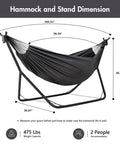 Durable Outdoor Hammock With Space Saving Steel Stand Adjustable Height 475 Lbs Capacity Weather Resistant Poly Cotton Fabric Dark Gray Easy Setup For Backyard Or Camp dimensions.