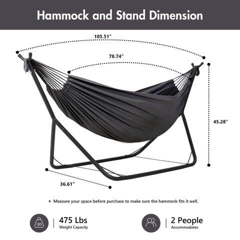 Durable Outdoor Hammock With Space Saving Steel Stand Adjustable Height 475 Lbs Capacity Weather Resistant Poly Cotton Fabric Dark Gray Easy Setup For Backyard Or Camp dimensions.