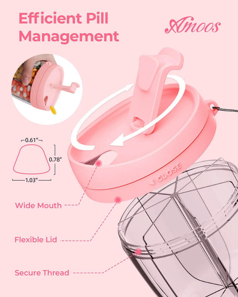 Close-up of 7 Compartment Pill Organizer For Travel With Anti Mix Design, Wide Mouth For Easy Access, BPA Free Patented Pill Container In Pink