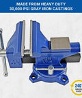 Heavy Duty Rock Solid Home Workshop Bench Vise Four Point Five Inch Wide Jaw With Hella Sturdy Soft Covers And Sure Grip Swivel Base Gray Iron Cast Construction For DIY Makers Making Quick Work Of Projects shown from the side with blue finish and swivel base.