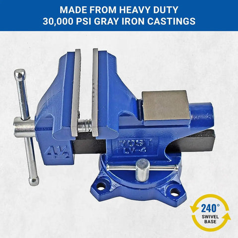 Heavy Duty Rock Solid Home Workshop Bench Vise Four Point Five Inch Wide Jaw With Hella Sturdy Soft Covers And Sure Grip Swivel Base Gray Iron Cast Construction For DIY Makers Making Quick Work Of Projects shown from the side with blue finish and swivel base.