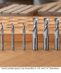 Top Shelf 1/2 Inch Shank Solid Carbide Spiral Cove Nose Router Bit Set Featuring 1/16 3/32 And 1/8 Corner Radius Bits For Smooth Flawless Woodworking Cuts Made In Usa displayed on a wooden surface.
