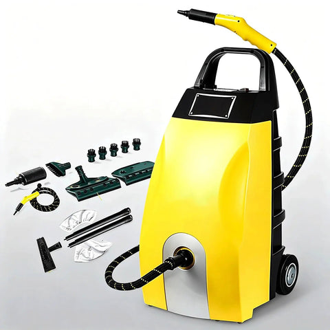 Industrial Steam Cleaner Featuring Adjustable Two Thirty Degree Heat And Seven Heavy Duty Tools with hose and accessories.