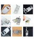 Selection of uses for Stainless Steel Key Tool Multitool With 20 Functions, Carabiner Key Ring For Travel, on keychain and in use
