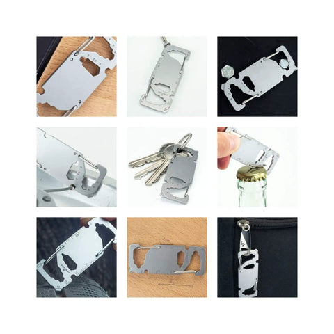 Selection of uses for Stainless Steel Key Tool Multitool With 20 Functions, Carabiner Key Ring For Travel, on keychain and in use