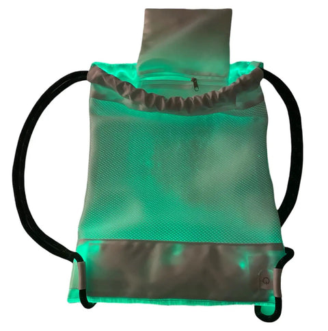 LED Fiber Optic Drawstring Backpack With 11 Lighting Modes Including 7 Colors And 4 Flash Patterns Lit Party Ready Glow For Festivals Raves And EDM Shows Plus Anti Theft Pocket And 40 By 34 Cm with glowing green light