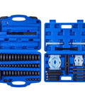 52 Piece Custom Bushing Bearing And Seal Driver Set And 14 Piece Bearing Puller Kit displayed in a blue carrying case