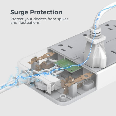 Detailed internal view of Ultra Slim Flat Power Strip Surge Protector With Eight Wide Spaced Outlets And Three USB Ports featuring surge protection.