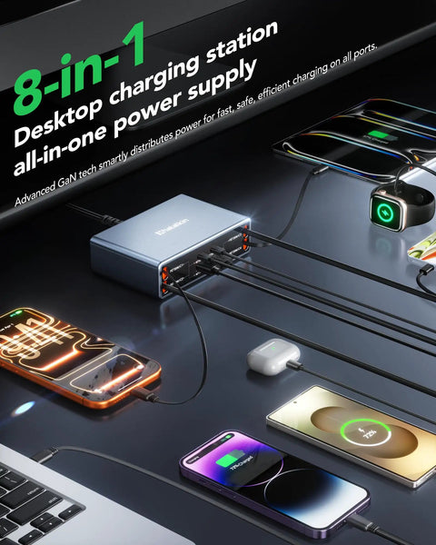 8-In-1 Retractable Charging Dock For iPhone Samsung Galaxy Pixel And iPad 105W Max USB-C Hub with connected devices