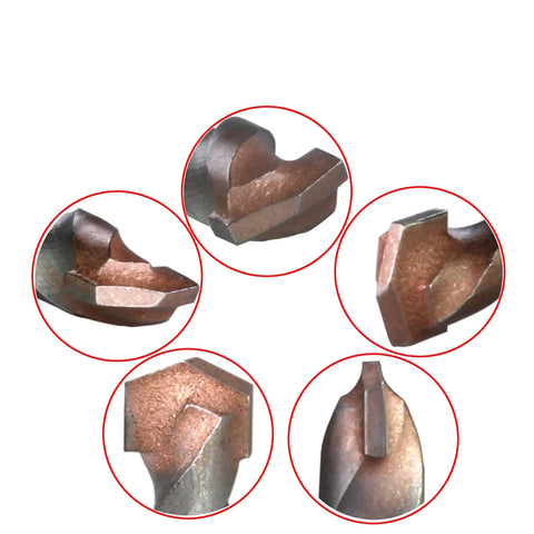 Close-up views of sharp carbide-tipped drill bits from the 10 Piece Quarter Inch Pilot Drill Bit Set For Hole Saw Arbor.