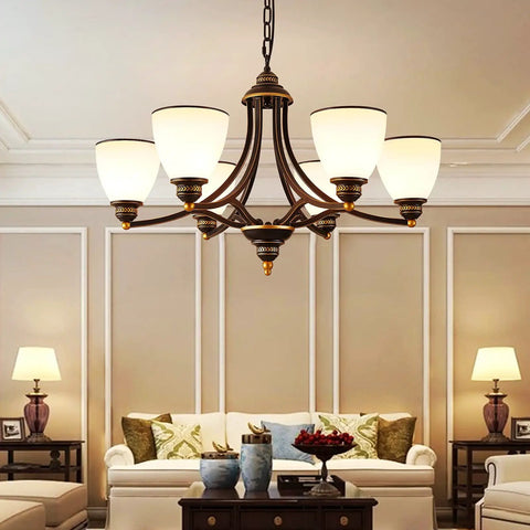 Dope Farmhouse Dining Room Chandelier With Six Frosted Glass Shades Black Metal Pendant Light Fixture Adjustable Height Lighting