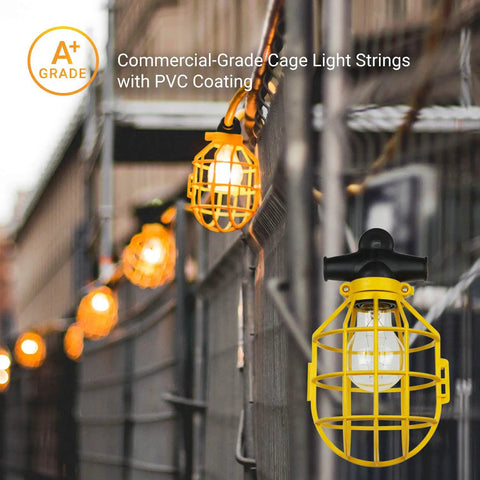 Tough As Nails Construction Cage String Lights For 100 Ft Run With 10 E26 Medium Base Sockets, 150W Max Per Bulb, Bulbs Not Included, ETL Rated Indoor Outdoor Jobsite Lighting, Attic Or Crawl Space Use, showing industrial cage lights with PVC coating on a fence