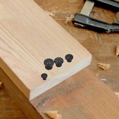 8 Piece Woodworking Dowel Pin Locator Kit With Metal Center Transfer Plugs on wooden board surface