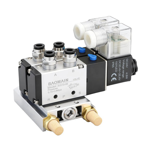 Two Station Solenoid Valve Manifold, 24V DC 5 Way 2 Position Pneumatic Air Valve With Double Solenoids, One Quarter Inch Ports
