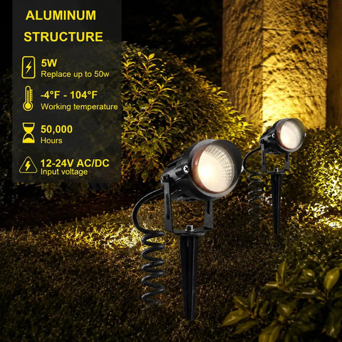 8 Pack 5W Low Voltage LED Landscape Lights With Spike Stands And Quick Connectors, 12V 24V AC DC Outdoor Warm White Pathway Lighting