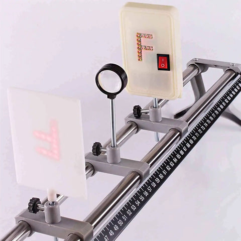 Optical Bench Setup With Convex Lens Imaging Kit For Physics Lab Experiments Includes Light Path Refraction And Divergence Demonstrations Precise Parallel Bar Bench With Gear And Accessories, metal rail close-up