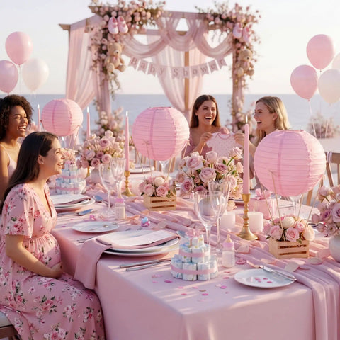 8 Sets Pink Hot Air Balloon Centerpieces Kit With 8 Inch Paper Lanterns Wooden Crates Bamboo Sticks And Satin Bows For DIY Wedding Bridal Shower Bachelorette Party Or Birthday Tablescape on a decorated table at an outdoor event