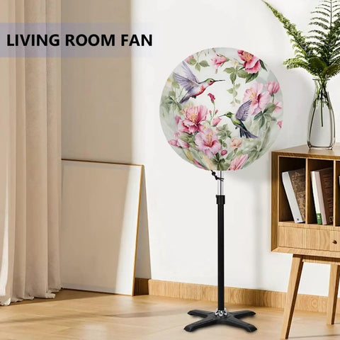 Hardcore Heavy Duty Fan Cover Fits 24 Inch Outdoor Industrial And Pedestal Models With Bold Hummingbird Floral Print on living room fan.