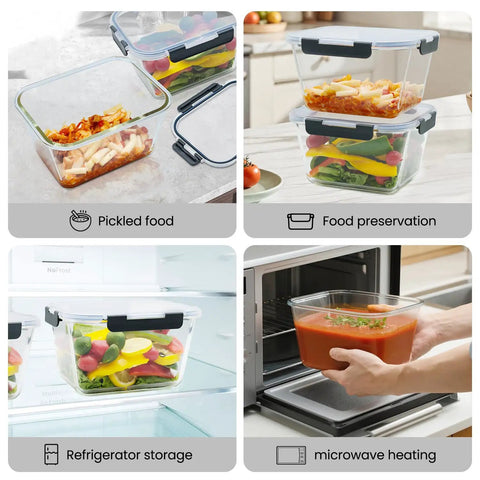 Two Pack Large Glass Storage Containers With Lids 85 Oz 10.5 Cup Airtight Food Storage for meal prep displayed in various uses