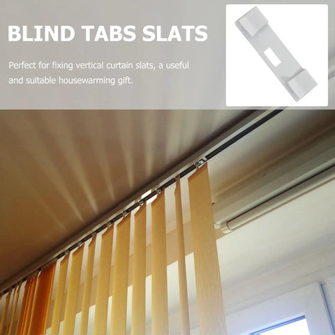 12 Piece White Metal Vertical Blind Repair Tabs Heavy Duty Replacement Clips For Window Shades installed on vertical blinds.