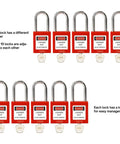 Lockout Tagout Safety Padlocks Set, 10 Red LOTO Locks With Brass Core, Keyed Different, OSHA Compliant, arranged in two rows.