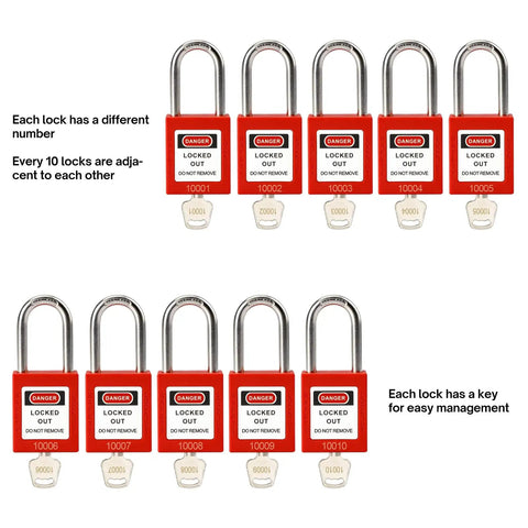 Lockout Tagout Safety Padlocks Set, 10 Red LOTO Locks With Brass Core, Keyed Different, OSHA Compliant, arranged in two rows.