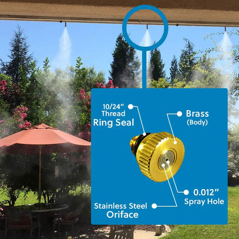 Brass micro mist nozzle with 0.012 inch orifice in garden setup, Micro Mist Nozzles for Garden and Patio Cooling System Brass 0.012 Inch Orifice and 10 by 24 Inch Thread Pack of 12 for a Chill Backyard Upgrade, Low Cost Misting with Strong Spray and Leak Resistant Performance labeled diagram.