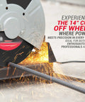 Beefy 5 Pack 14 Inch Metal Cutting Chop Saw Blades cutting metal with sparks flying, showing power and precision.