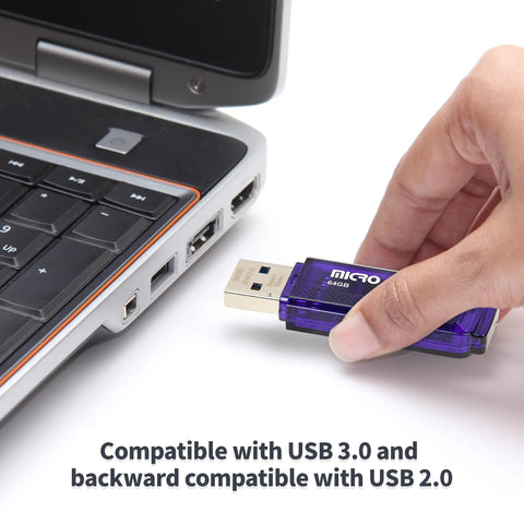Ten Pack 64GB USB 3.0 Flash Drives Blue 70MB/s Read Speed Slim Thumb Drives For Quick Data Transfer And Backward Compatibility With USB 2.0 Ideal For School Work And Travel, purple 64GB USB drive in hand near laptop