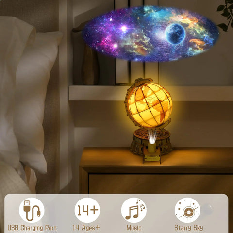 3D Wooden Globe Puzzle For Adults With Stand Illuminated Globe DIY Model Kit Built In LED Music And Starry Projector Epic STEM Gift For Adults And Teens Perfect Desk Display For Home Office Decor And A Fun Night Light That Sparks Curiosity And Travel, 24x22x35 cm
