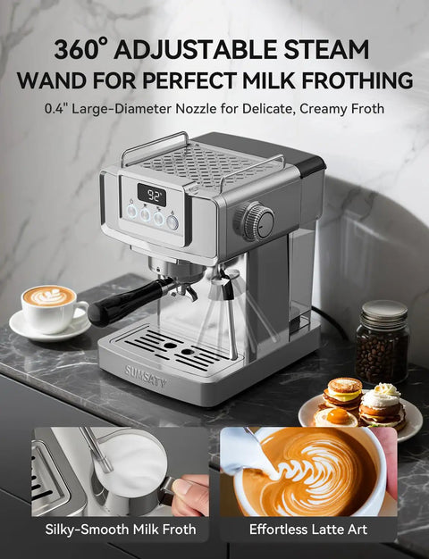 Premium 20 Bar Espresso Machine With Sleek Stainless Steel Finish And Heavy Duty Milk Frother for frothing milk and making espresso.