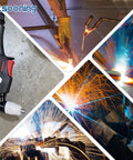 Collage of plasma cutting with 80 Amp P80 Plasma Cutting Torch Consumables Kit, showing sparks and torch in action, 47 Pcs Replacement Tips Nozzles Electrodes For BTC800DP, 0.059 In And 1.5 Mm Tips, Durable High Quality Set For Smooth, Precise Cuts.